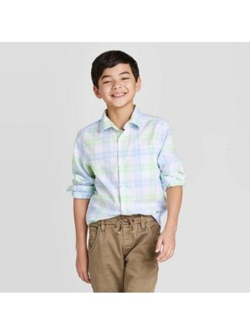 Boys' Long Sleeve Woven Button-Down Shirt - Cat & Jack™ Blue/White/Green M